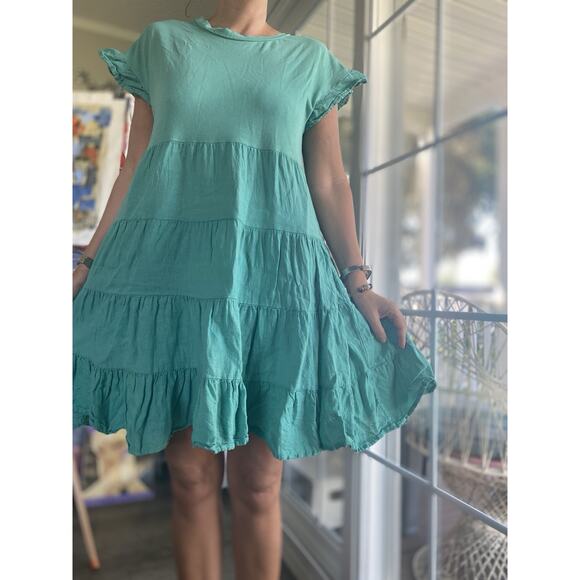 Made in Italy Green Linen Blend Tiered Shift Mini Dress M - Picture 1 of 5